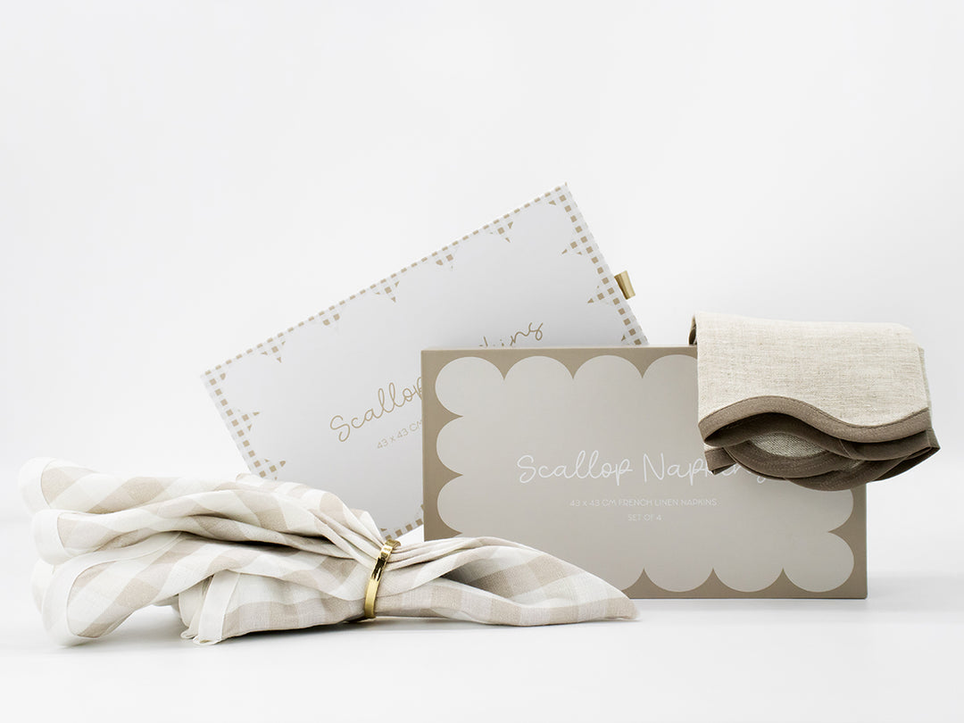 Looking for the perfect addition to your dinner party setting? Look no further than the Scallop Napkins! Made from luxurious French linen, these napkins come in a set of four and are available in two neutral colours, made to mix and match these sets will cozy up any dinner table. 